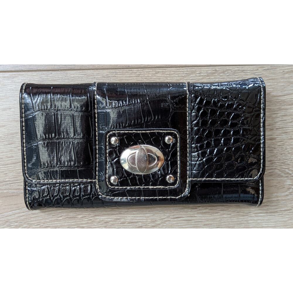 Jeun Bang Croc Embossed Wallet Black Glossy TriFold Checkbook Organizer NEW